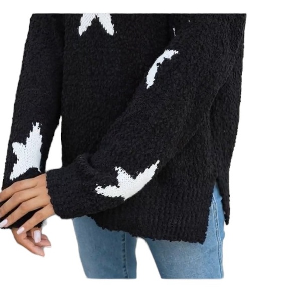 Amazon Earth Black Star Pullover Side Slit Casual Long Sleeve Sweater - Picture 4 of 11